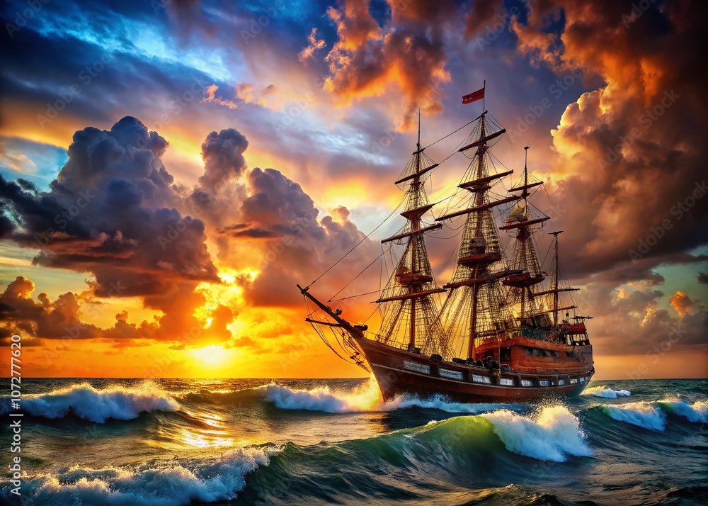 Majestic Pirate Ship Sailing the Open Ocean with Dramatic Skies and Waves, Perfect for Adventure and Fantasy Themes, Featuring Copy Space for Text or Branding Elements Majestic Pirate Ship Sailing the Open Ocean with Dramatic Skies and Waves, Perfect for Adventure and Fantasy Themes, Featuring Copy Space for Text or Branding Elements