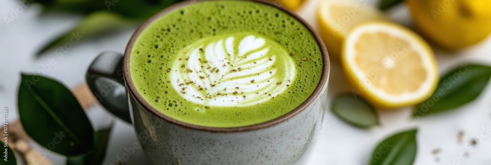 Refreshing iced matcha latte with citrus and greenery for a springtime boost Refreshing iced matcha latte with citrus and greenery for a springtime boost