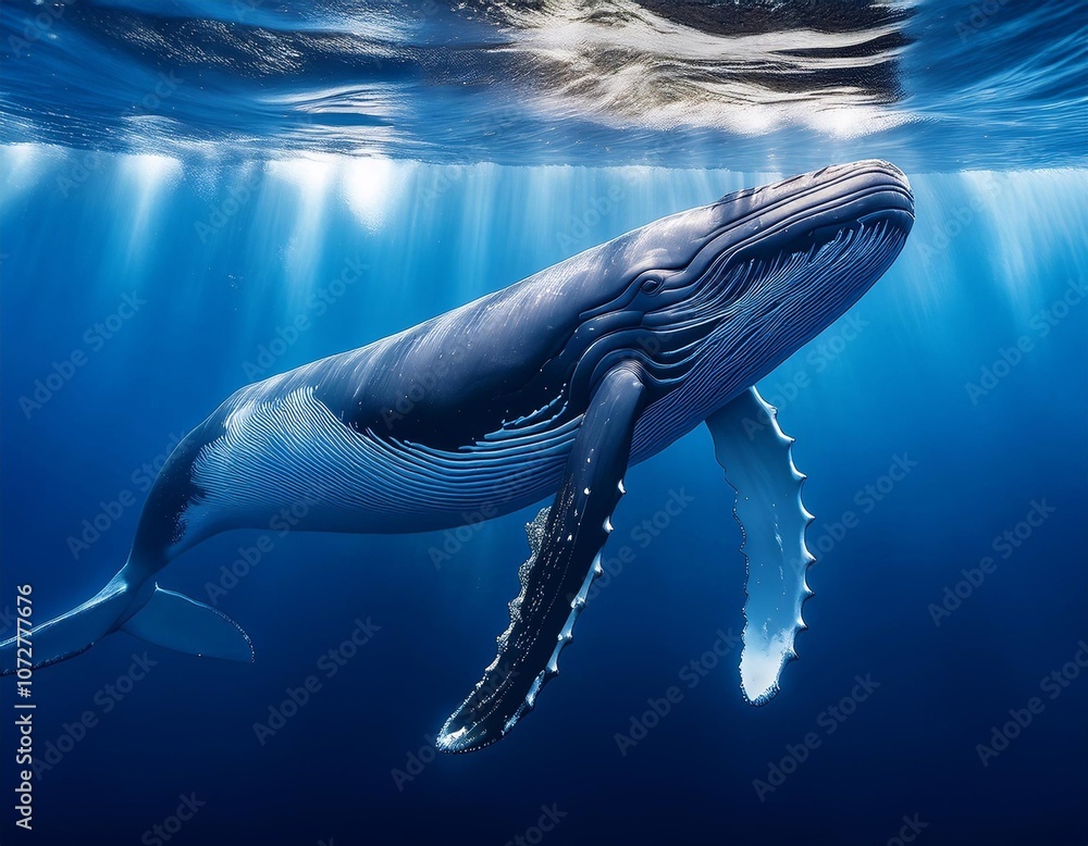 Naklejka premium a blue whale floating in the deep sea