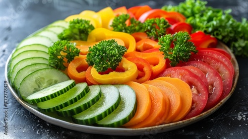 Wallpaper Mural Vegetable Rainbow: A rainbow of sliced vegetables like bell peppers, carrots, and cucumbers arranged in a semicircle on a white plate, encouraging healthy eating in a fun and vibrant way. Torontodigital.ca