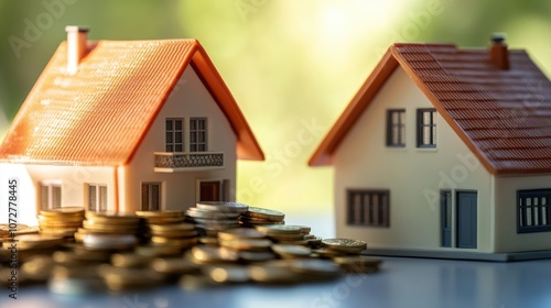 Wallpaper Mural Hyperrealistic photo of a house model next to a neat pile of coins, symbolizing long-term investment in real estate. The bright, elegant setup adds a professional magazine aesthetic, captured in 32k Torontodigital.ca