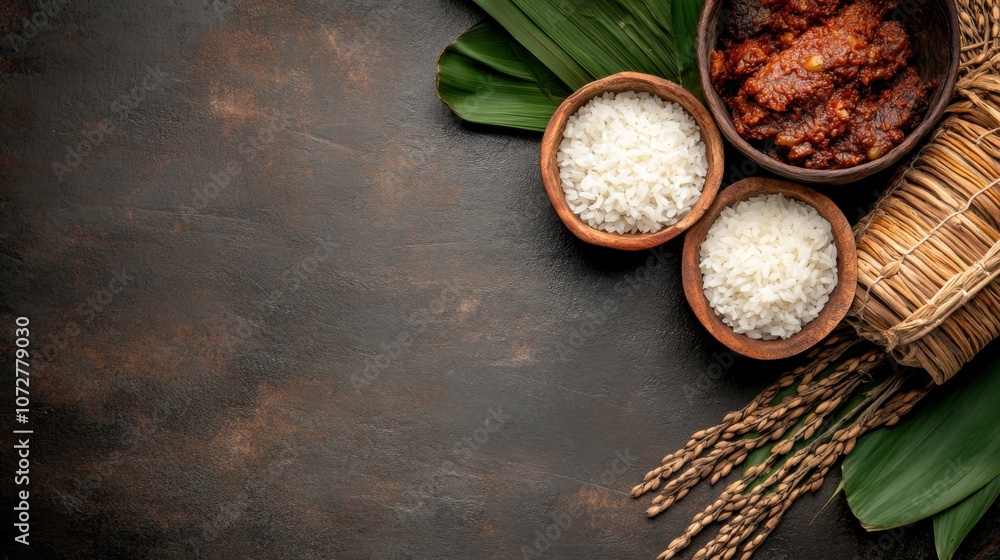 Surinamese javanese new year flat lay featuring traditional dishes and rice arrangement for festive celebrations