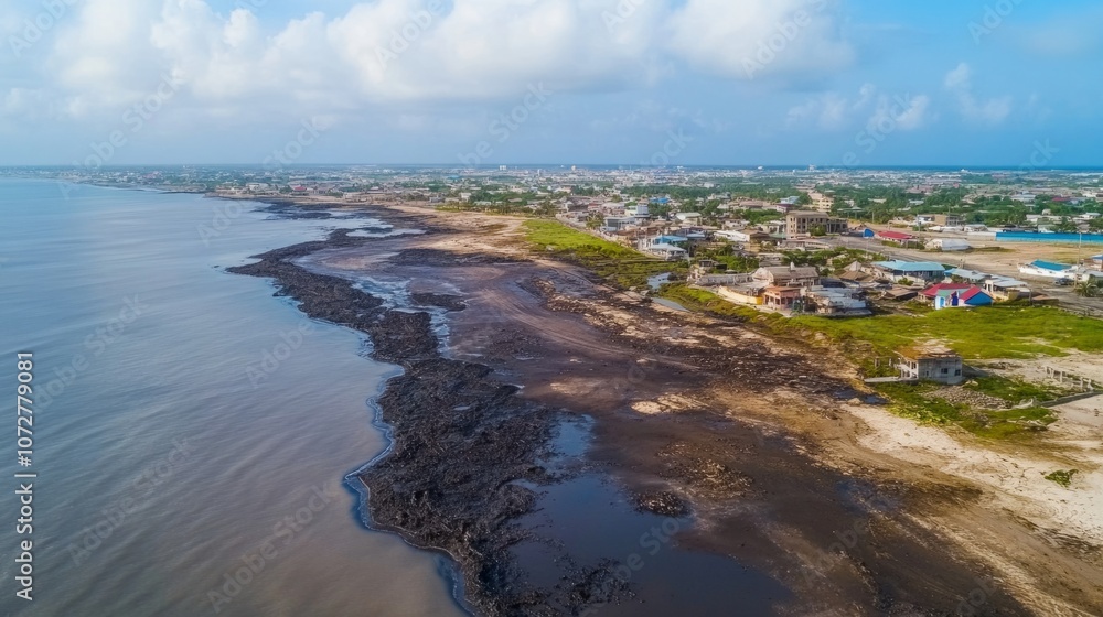 Fototapeta premium Aerial view of coastal area with dark, sticky tar covering beach and seawater, highlighting environmental pollution and providing copy space for text or design.
