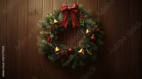 Christmas Wreath with Bells, Ornaments, and a Red Bow on a Wooden Background