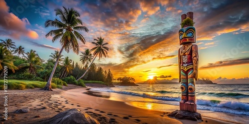 Majestic Totem Pole Standing Tall on a Pristine Beach at Sunset with Vibrant Waves, Capturing the Essence of Coastal Culture and Nature's Beauty in Panoramic View photo