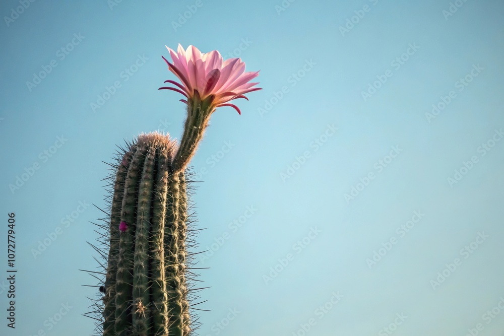 A solitary pink cactus flower standing tall against the pale blue backdrop of the sky, sky blue, natural beauty A solitary pink cactus flower standing tall against the pale blue backdrop of the sky, sky blue, natural beauty