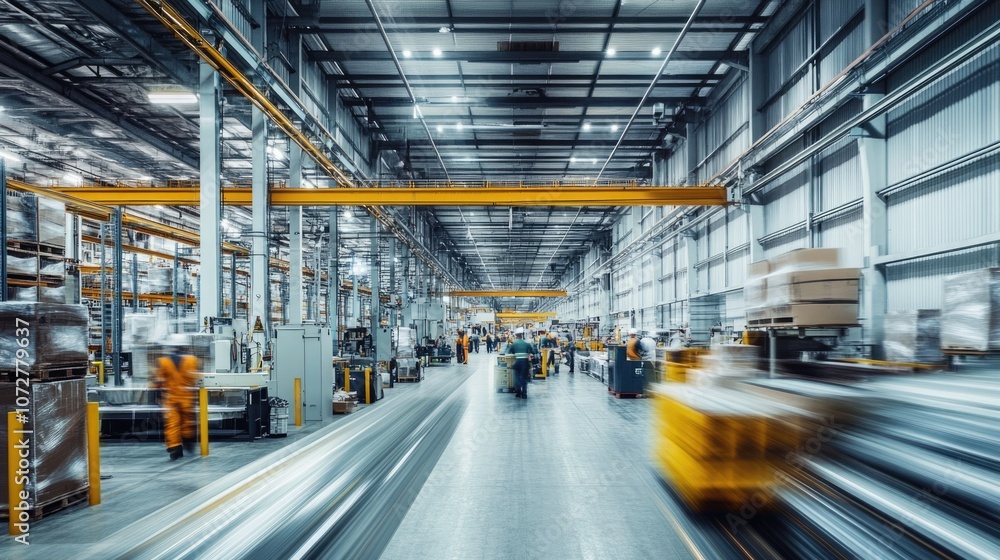 Fototapeta premium Very realistic and photographic photo of a modern warehouse with motion-blurred workers and machinery, conveying the energy of a bustling operation The long exposure shot highlights the flow of