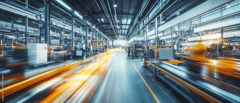 Very realistic and photographic photo of a modern, sleek warehouse filled with automation machinery and motion-blurred workers The long exposure captures the energy and efficiency of a high-tech Very realistic and photographic photo of a modern, sleek warehouse filled with automation machinery and motion-blurred workers The long exposure captures the energy and efficiency of a high-tech