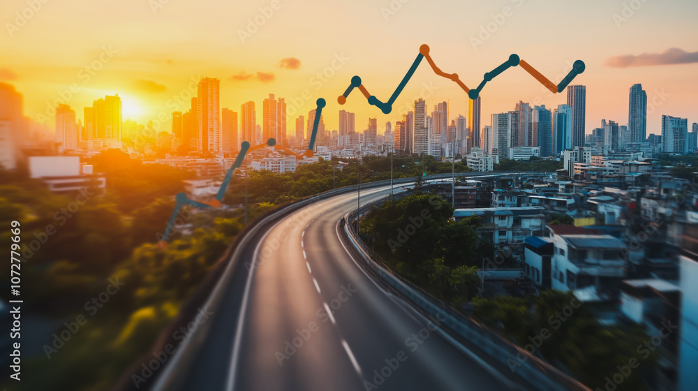 Fototapeta premium Smart digital Innovation Business skyscrapers in the Financial District with connection network reciprocity over the cityscape. of future smart wireless digital city and social media networking