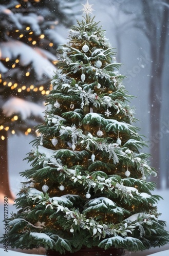 A beautifully decorated Christmas tree stands proudly, shimmering with festive charm. Its lush green branches are adorned with sparkling lights, delicate glass ornaments.