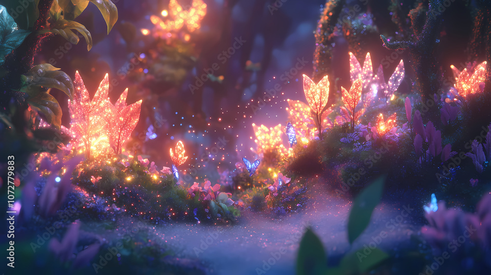 Design a 3d animation of a whimsical fairy woodland at twilight with bioluminescent plants and shimmering pixie dust in the air. Whimsical. Illustration Design a 3d animation of a whimsical fairy woodland at twilight with bioluminescent plants and shimmering pixie dust in the air. Whimsical. Illustration