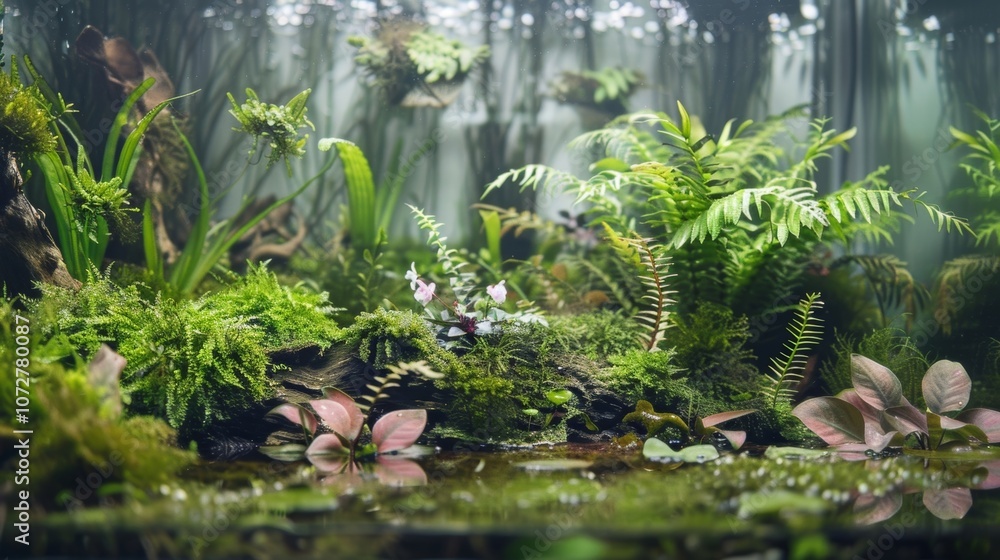A peaceful oasis where delicate land ferns and moss blend seamlessly with s of delicate aquatic flowers and submerged plants. A peaceful oasis where delicate land ferns and moss blend seamlessly with s of delicate aquatic flowers and submerged plants.