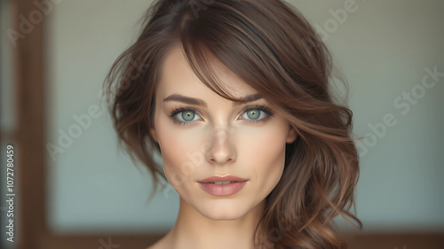 thin beautiful woman with brown hair and elegant hairstyle, clear facial features, detailed image, realistic, real, realistic facial features, realistic photography