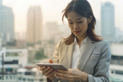 Woman in business attire completing e-commerce transaction on tablet, city background photo