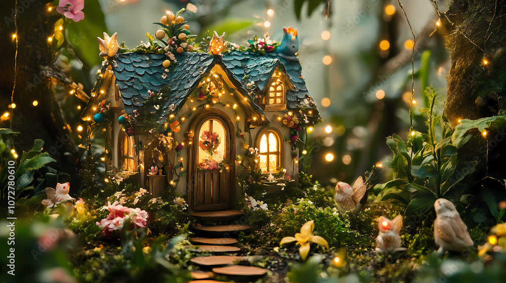 Fototapeta premium Enchanting and magical fairy garden with whimsical decorations and soft lighting. Whimsical. Illustration