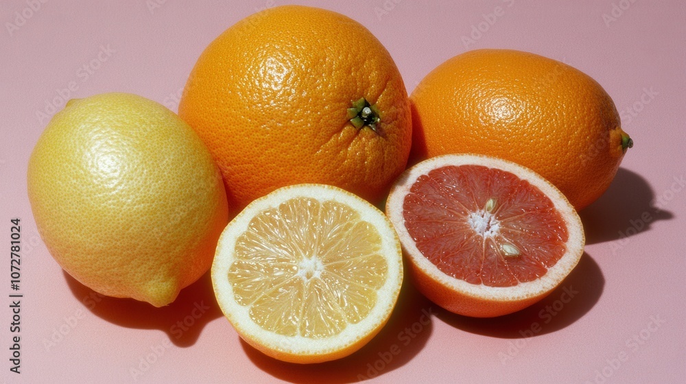Vibrant spring flat lay of assorted citrus fruits featuring lemons and oranges on pink background Vibrant spring flat lay of assorted citrus fruits featuring lemons and oranges on pink background
