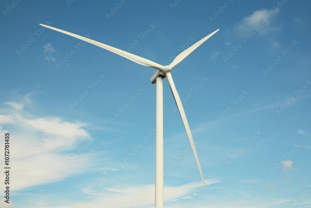 Dynamic angle shot of wind turbine, green energy concept, against blue sky Dynamic angle shot of wind turbine, green energy concept, against blue sky