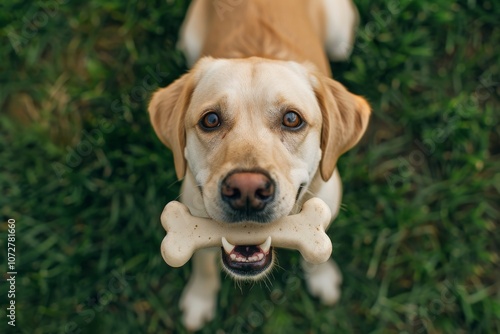 Dog Holding White Bone in Mouth on Green Grass