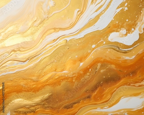 Abstract golden and white fluid art with swirling patterns.