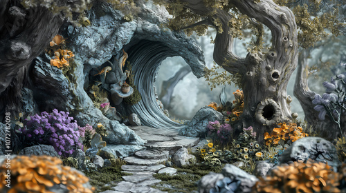 Fantasy landscape collage with magical realms, mythical creatures, and whimsical scenery, hyperrealistic photo. Whimsical. Illustration photo