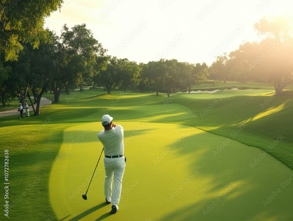 Golfer Swinging at a Modern Golf Range Golfer Swinging at a Modern Golf Range