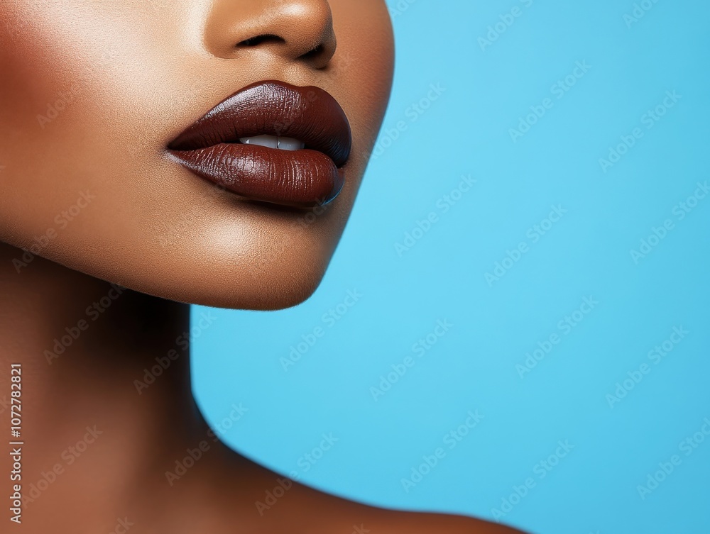 Obraz premium Close-Up of Woman's Jawline and Lips with Blue Background