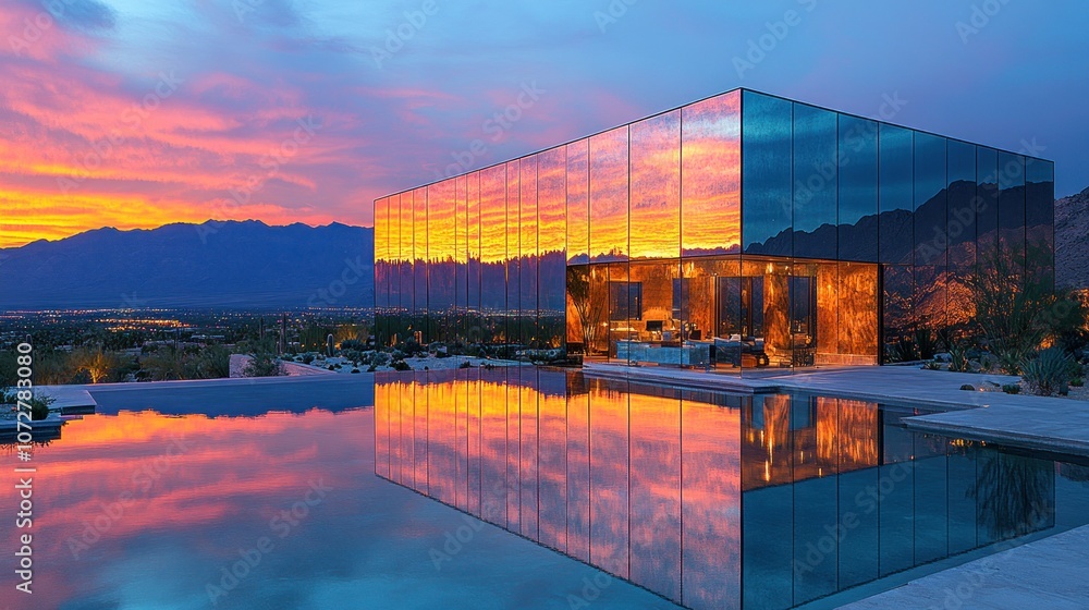 Fototapeta premium Modern Glass House Reflecting Sunset