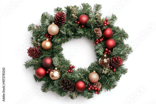 Close-up of a festive Christmas wreath adorned with ornaments and pine cones for joyful holiday decoration