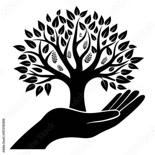 Tree on hand black silhouette vector illustration isolated on a transparent background
