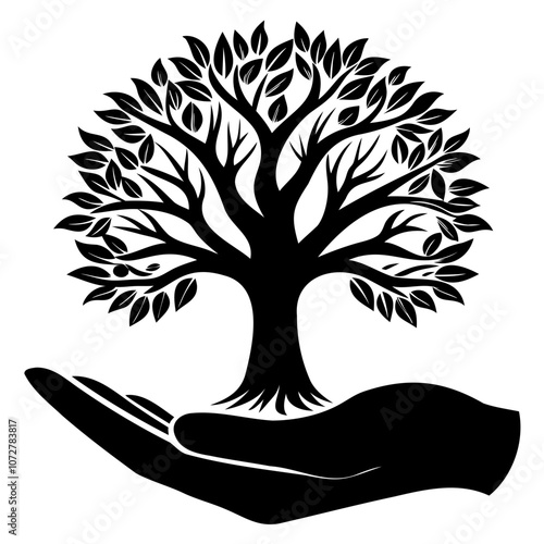 Tree on hand black silhouette vector illustration isolated on a transparent background