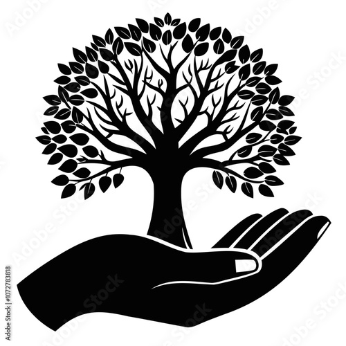 Tree on hand black silhouette vector illustration isolated on a transparent background