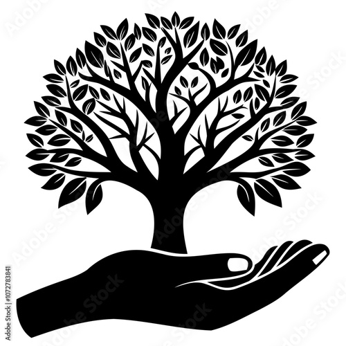Tree on hand black silhouette vector illustration isolated on a transparent background