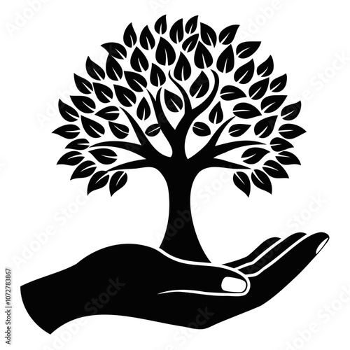 Tree on hand black silhouette vector illustration isolated on a transparent background