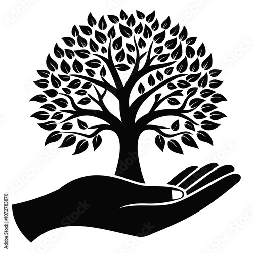 Tree on hand black silhouette vector illustration isolated on a transparent background