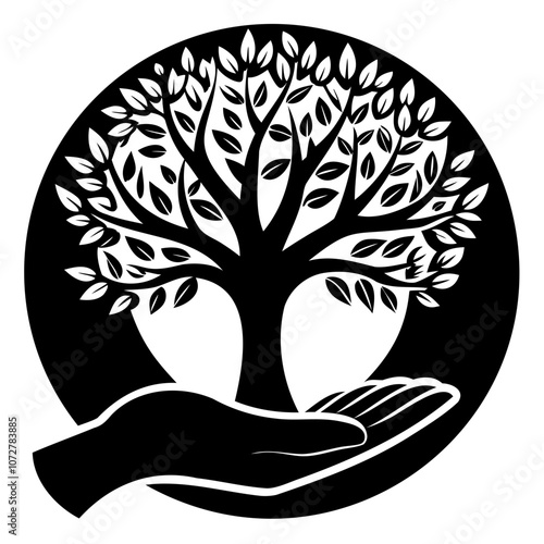 Tree on hand black silhouette vector illustration isolated on a transparent background