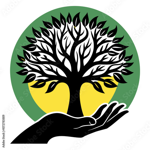 Tree on hand black silhouette vector illustration isolated on a transparent background