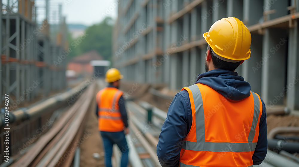 Back view of a construction worker wearing a yellow hard hat and safety vest is working on a building site, handling steel rebar. The background shows scaffolding and other construction activities. Back view of a construction worker wearing a yellow hard hat and safety vest is working on a building site, handling steel rebar. The background shows scaffolding and other construction activities.