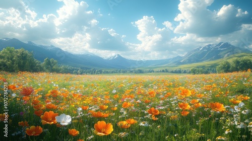 A vibrant meadow filled with colorful flowers and mountains in the background.