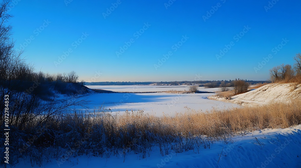 A Frozen River Valley Under a Clear Blue Sky A Frozen River Valley Under a Clear Blue Sky