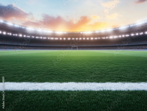 Green Football Field at Sunset with Dramatic Lighting