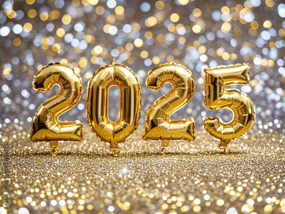 Numbers of year 2025 made by gold ballon on bokeh festive sparkling background