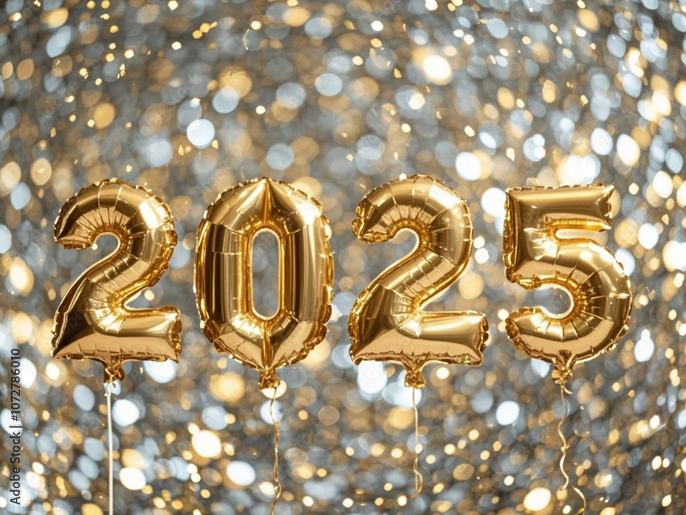Numbers of year 2025 made by gold ballon on bokeh festive sparkling background