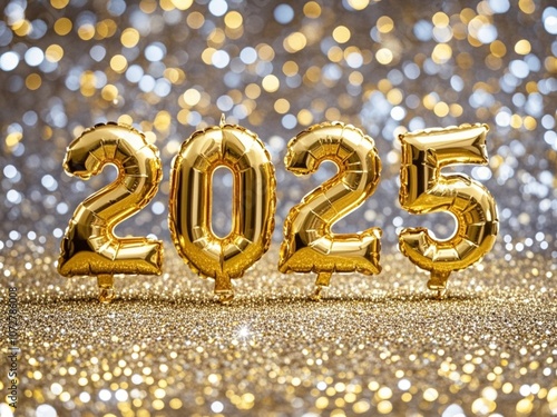 Numbers of year 2025 made by gold ballon on bokeh festive sparkling background