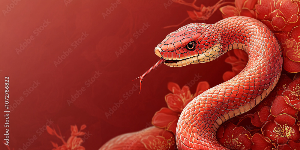 A vibrant red snake illustration for the 2025 Chinese New Year, featuring floral motifs and ample space for text overlay, ideal for festive banners. A vibrant red snake illustration for the 2025 Chinese New Year, featuring floral motifs and ample space for text overlay, ideal for festive banners.