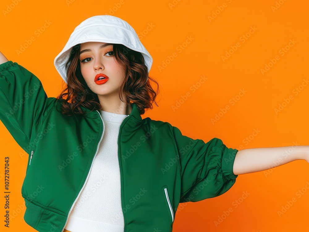 Stylish Woman in White Bucket Hat with Wavy Hair Stylish Woman in White Bucket Hat with Wavy Hair