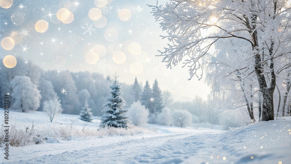 A whimsical winter scene in soft focus with a glittery background and subtle bokeh light featuring snow-covered trees, icy, shining A whimsical winter scene in soft focus with a glittery background and subtle bokeh light featuring snow-covered trees, icy, shining