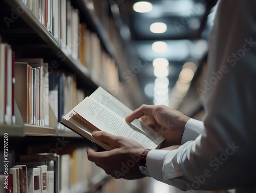 A person reading a book in a library, surrounded by shelves filled with various books.