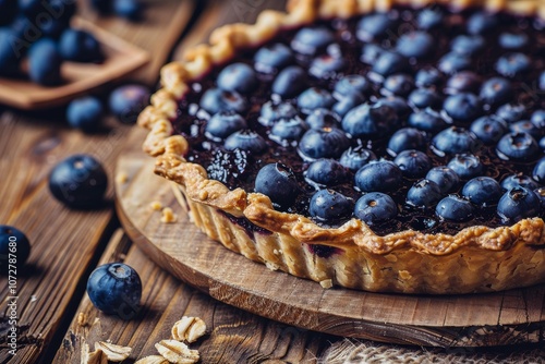 Fresh Blueberry Pie on Rustic Wooden Table