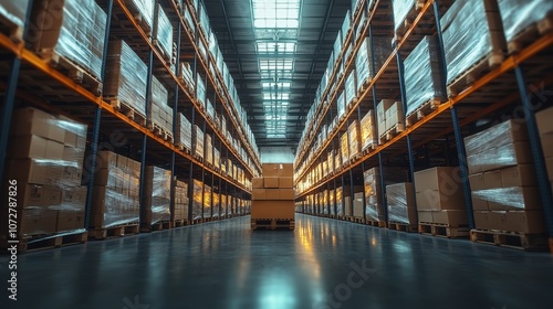 Retail Warehouse full of Shelves with Goods in Carton Boxes  Product Distribution Logistics Center.