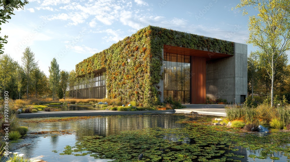 Fototapeta premium Modern building with greenery, reflecting nature and sustainability.